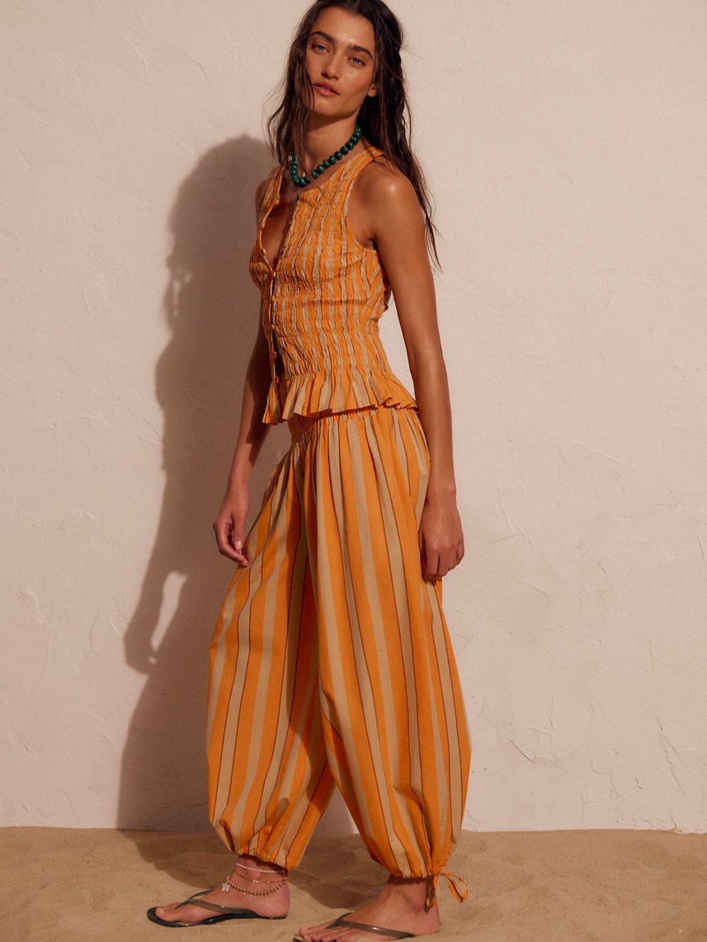 Free People Wild Summer Orange Striped Sleeveless Top & Wide Leg Pants Set